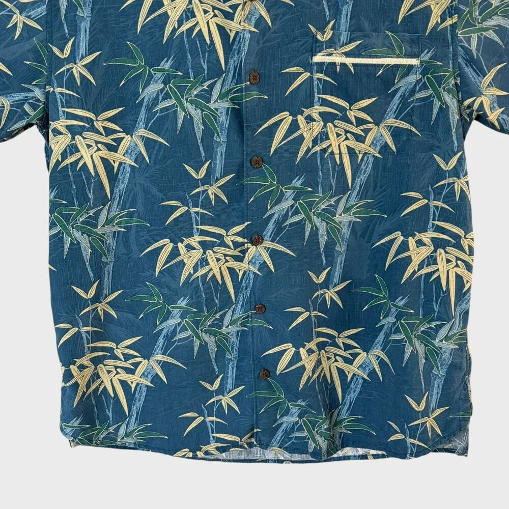Tommy Bahama Bamboo Print Silk Camp Shirt Blue Mens Large S/S Hawaiian Button-Up